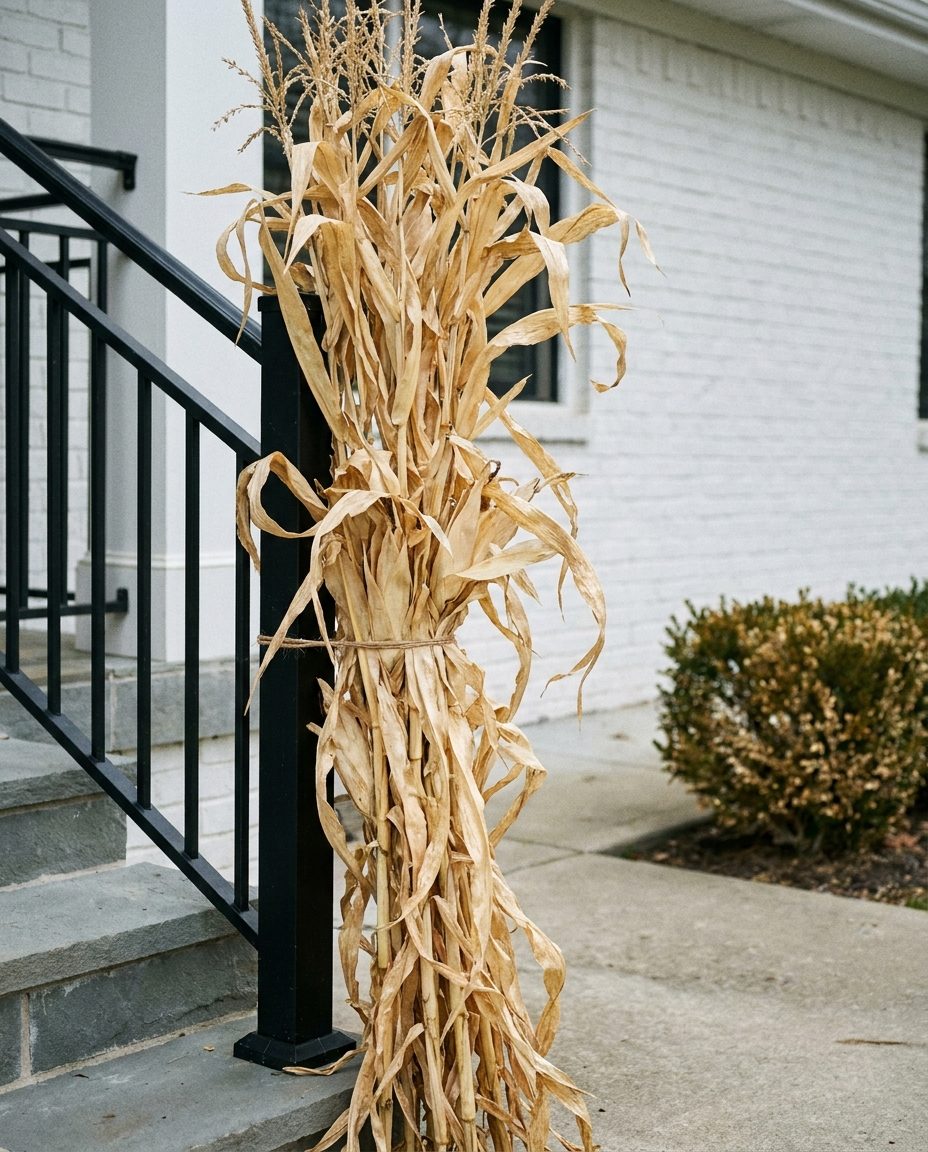 A tied bundle of dried corn stalks standing upright against a black porch railing post.