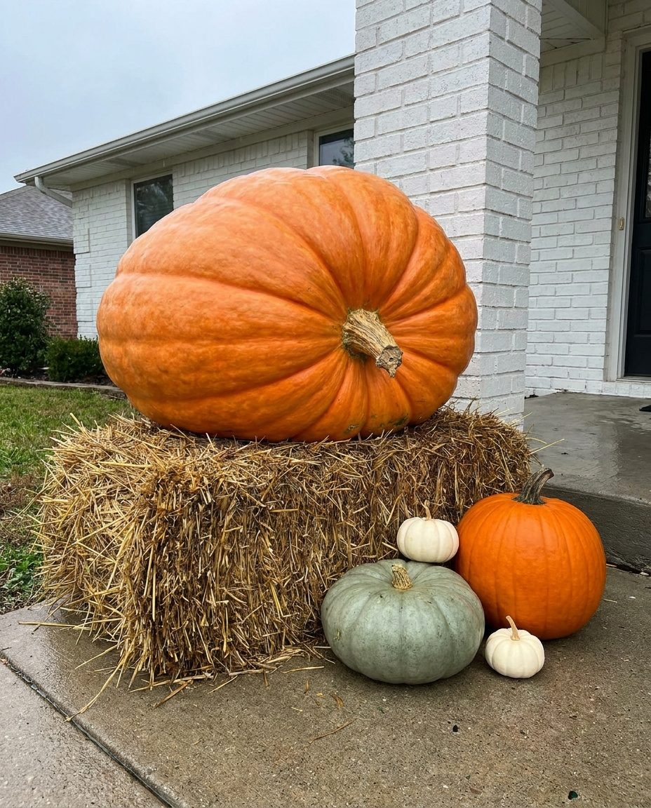 One jumbo uncarved orange pumpkin resting on a straw bale beside a porch, with a few standard-size pumpkins at its base showing the scale.