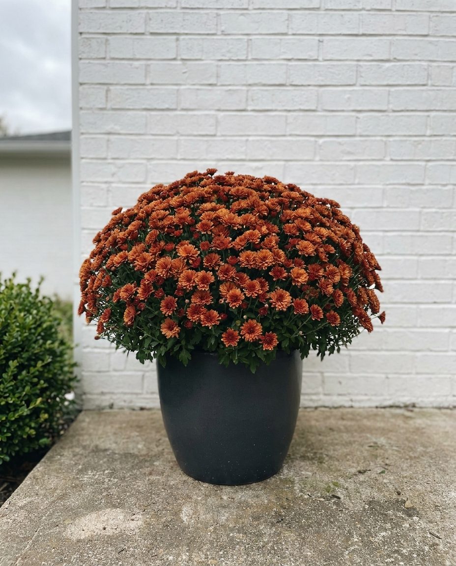 A single full orange potted mum in a dark planter, on a concrete porch against a white brick wall.