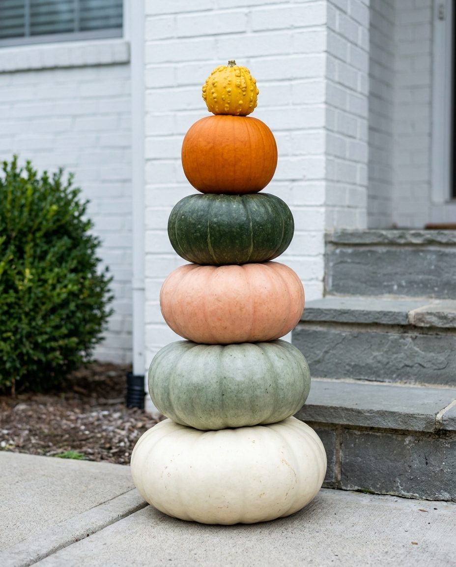 Five uncarved pumpkins and one small yellow gourd stacked into a vertical tower on a walkway beside porch steps, a large cream pumpkin at the base rising through sage, blush, deep green and orange to the gourd on top.
