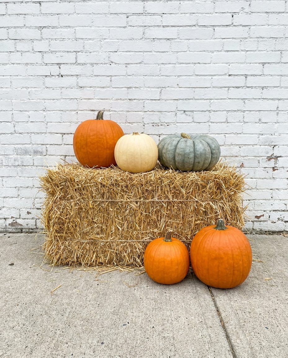 One straw bale set against a white brick wall, with a few uncarved orange, cream and blue-grey pumpkins resting on top of it and on the ground beside it.