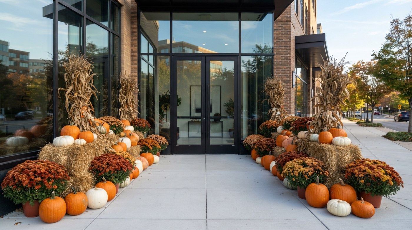 A commercial storefront entry styled with a large fall display of stacked pumpkins, straw bales and mums flanking the door.