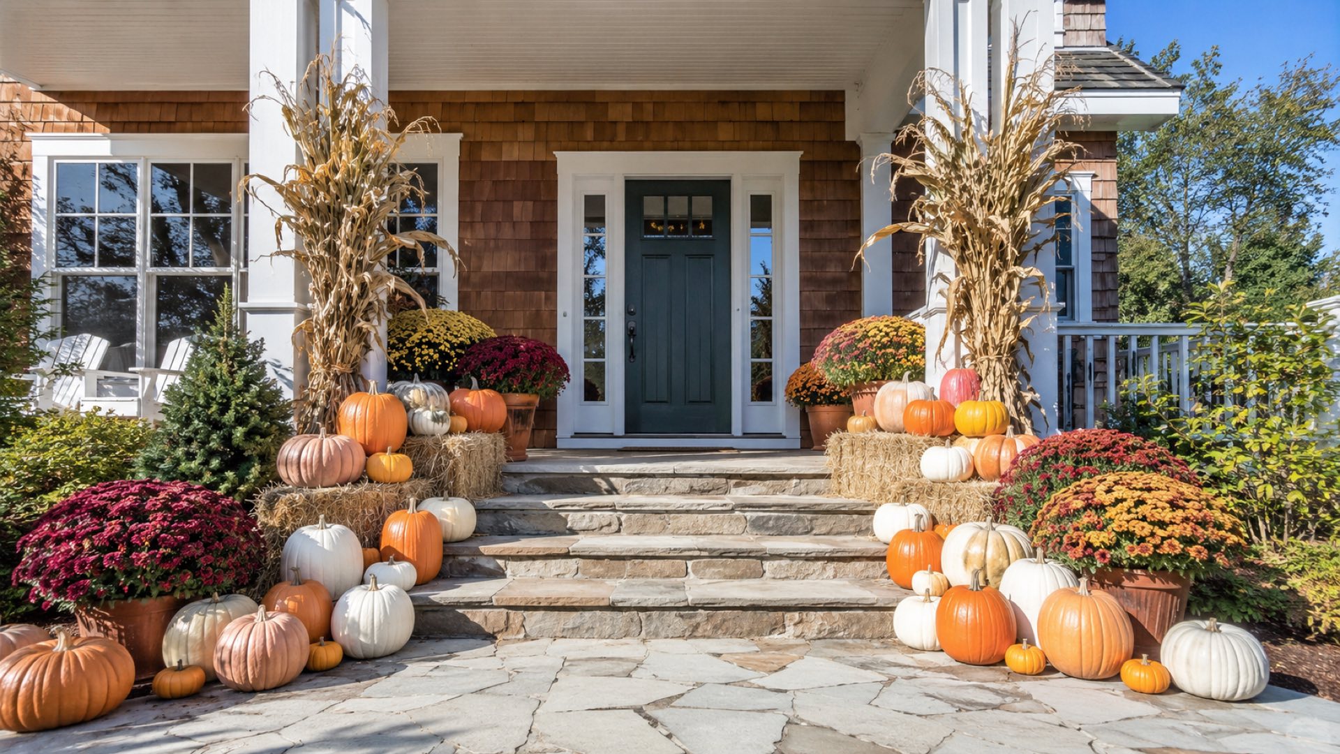 A front porch styled with layered orange and heirloom pumpkins, straw bales and cornstalks along the steps in warm golden-hour light.