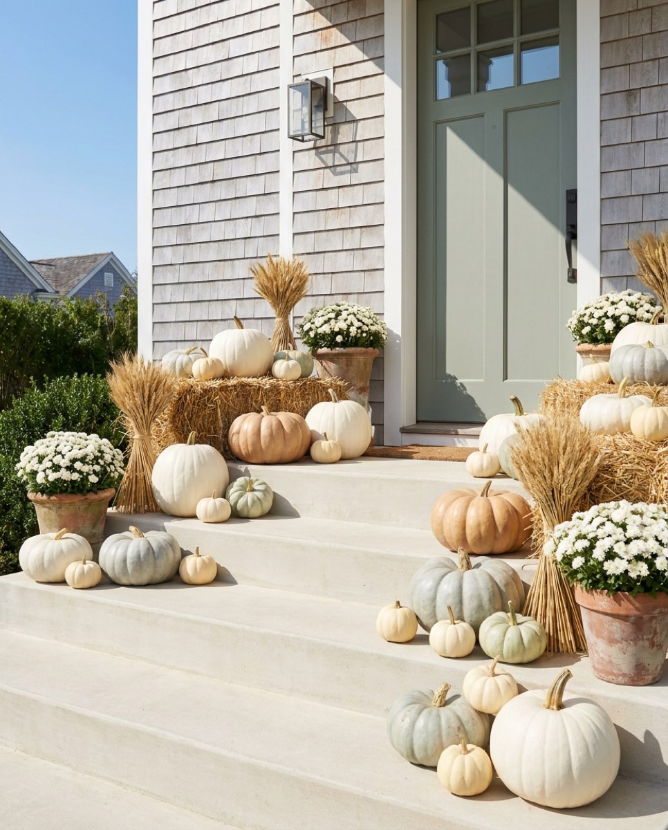 A neutral fall porch display in all whites, tans and sage green pumpkins with no orange, styled beside a front entry.