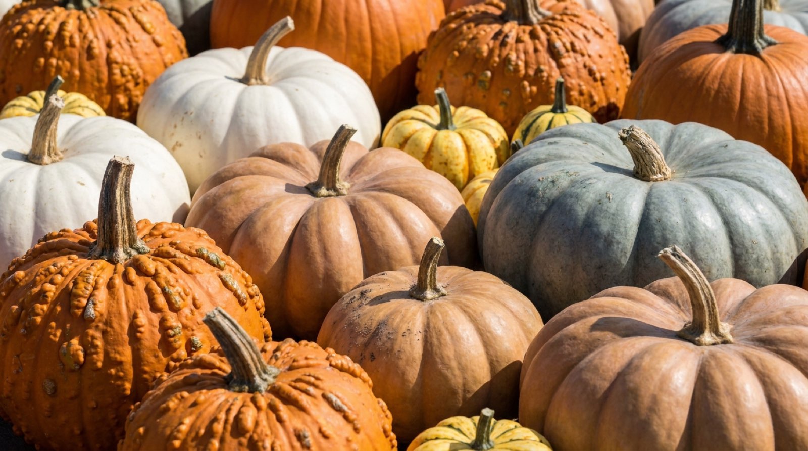 Close-up of a pale blue-green heirloom pumpkin showing its deep ribs and fresh curling stem.