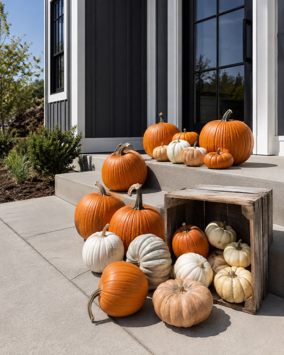 A generous mix of orange jack-o'-lantern pumpkins, heirlooms and small pie pumpkins grouped at the base of a porch, unstyled and ready to arrange.