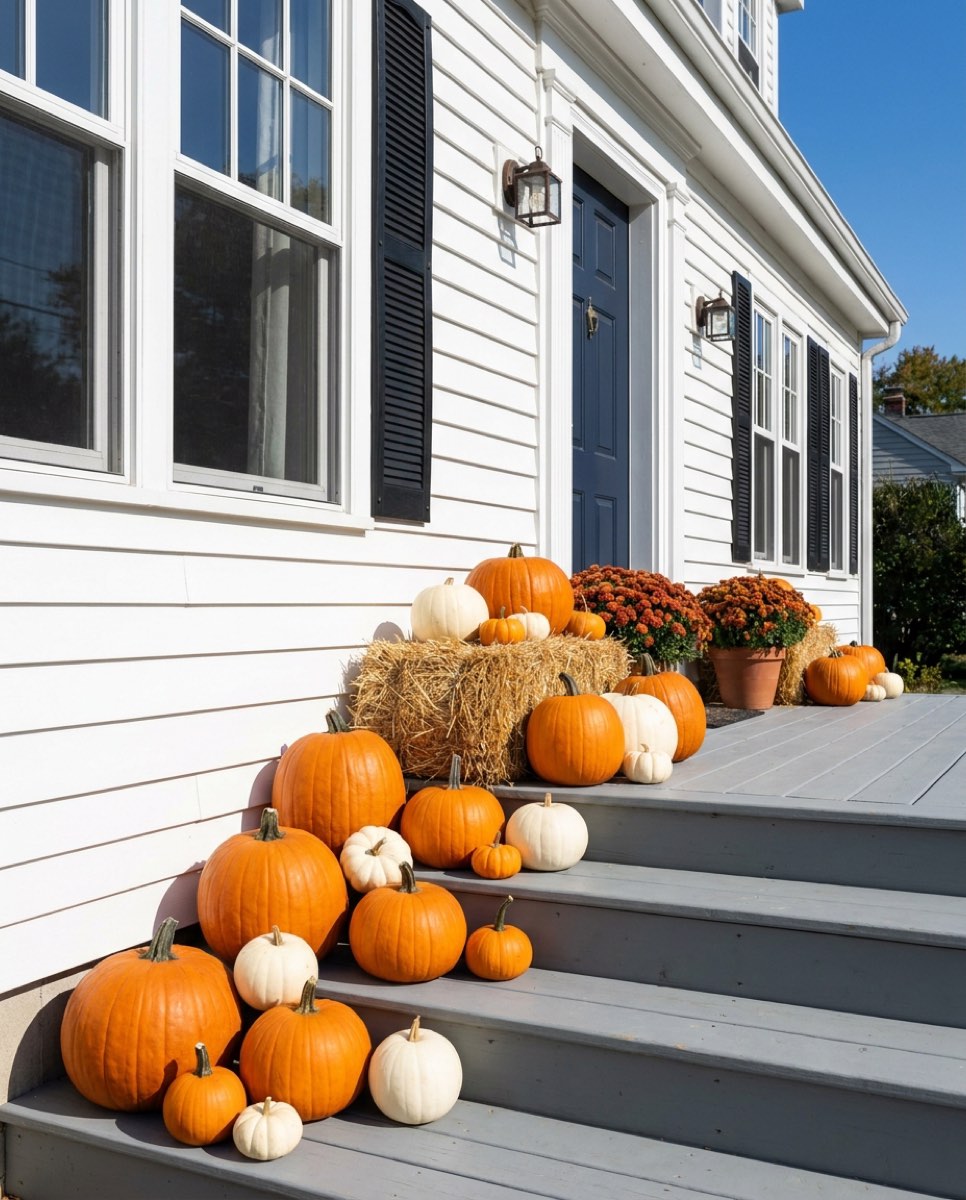 A welcoming fall display down one side of a set of porch steps: orange pumpkins, two straw bales and cornstalks.