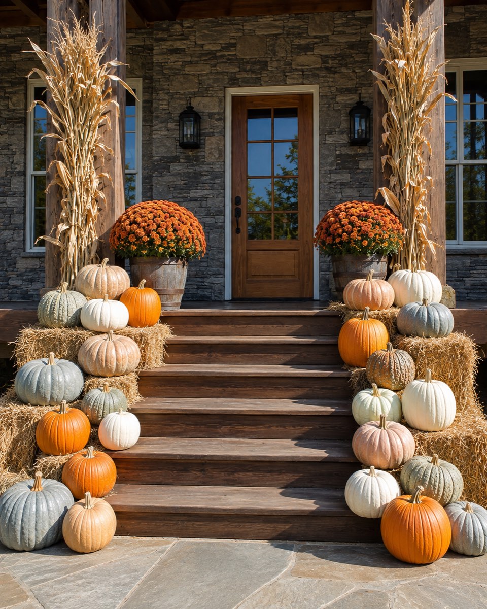 A fuller designer-style fall display staged on both sides of porch steps, heavy on heirloom pumpkins with mums and layered staging.