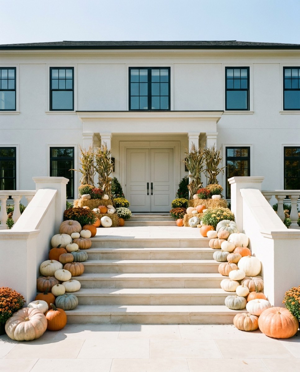 A large statement fall installation at a grand entry, with layered heirloom and white pumpkins massed at magazine-cover scale.