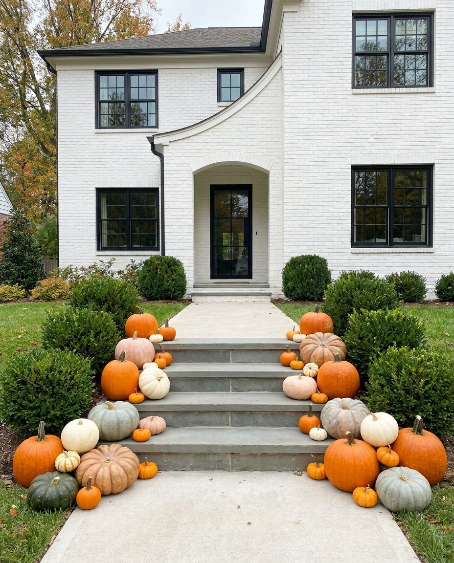 A full fall display flowing down both sides of white stone porch steps, orange carving pumpkins mixed with blue-grey, cream and blush specialty varieties, with small pumpkins tucked into the gaps. Shown styled.