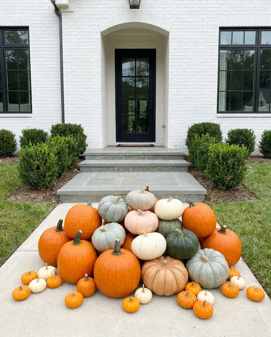 A large mixed delivery of pumpkins and gourds piled at the base of the porch steps, orange carvers alongside blue-grey, cream, blush and deep green specialty varieties, with minis and pies scattered around the base, dropped off and not yet arranged.