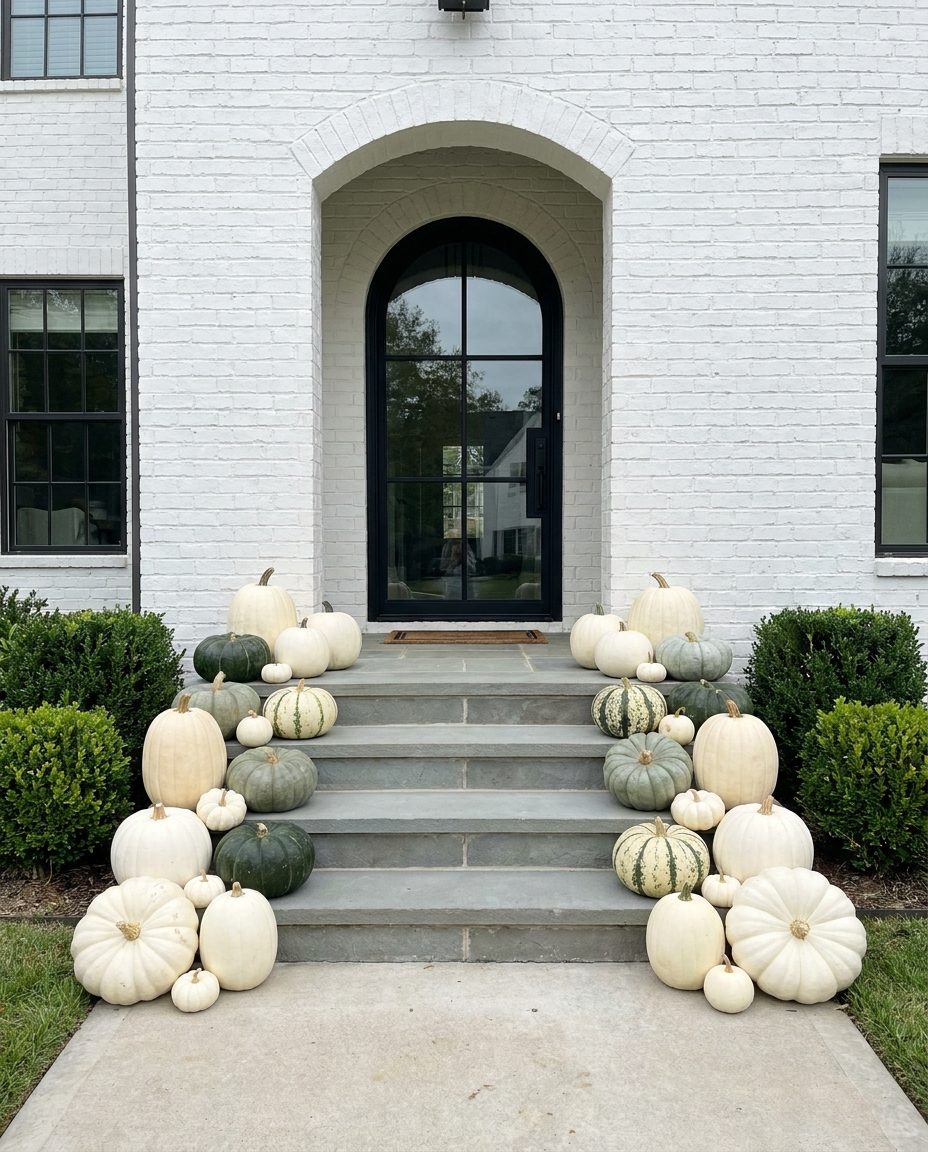A green and white display running down both sides of stone porch steps, white pumpkins of varied sizes set against deep green and sage specialty varieties, with no orange anywhere. Shown styled.